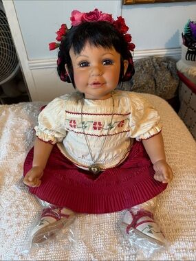 Beautiful Spanish Baby Doll in Cream Top & Red Skirt